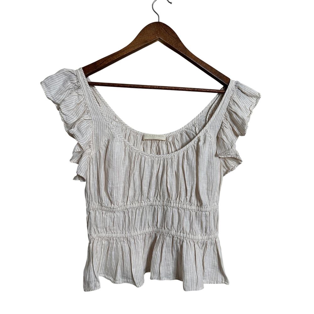 Ulla Johnson 100% Linen Ruffle Sleeve Smocked Peplum Top Ivory Stripe size 6